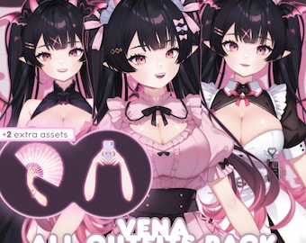May include: Digital art featuring three anime-style characters with black hair and pink accents. The characters are wearing different outfits, including a pink dress and a nurse uniform. The image includes the text "VENA ALL OUTFITS PACK" and additional assets.