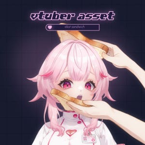 May include: An anime-style illustration featuring a character with pink hair and eyes, wearing a white uniform. The character is being framed by two pieces of toast, with the text "vtuber asset" and "idiot sandwich" displayed.