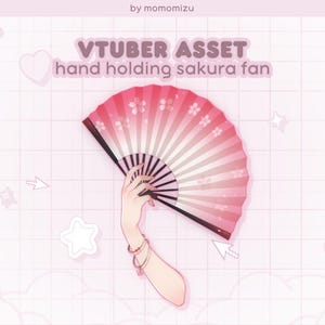 May include: A digital illustration of a hand holding a pink and white sakura fan. The fan has a black frame and is decorated with cherry blossom designs. The text "VTUBER ASSET hand holding sakura fan" is at the top.