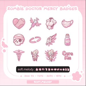 Pode incluir: Um conjunto de distintivos Zombie Doctor Mercy rosa e branco. Os distintivos incluem um coração costurado, uma seringa alada, um uniforme médico, uma máscara, um crânio com bandagem e uma garrafa com "Cure". O texto "Cure Me" também está presente.