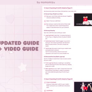 Pu&ograve; includere: Una guida rosa e bianca con il testo "UPDATED GUIDE + VIDEO GUIDE" e istruzioni sull'importazione di risorse per il corpo e l'abbigliamento. La guida include screenshot e una guida video, con il nome del creatore, "by momomizu".