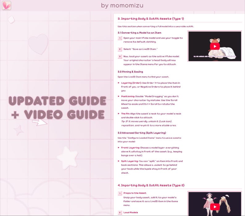 Pu&ograve; includere: Una guida rosa e bianca con il testo "UPDATED GUIDE + VIDEO GUIDE" e istruzioni sull'importazione di risorse per il corpo e l'abbigliamento. La guida include screenshot e una guida video, con il nome del creatore, "by momomizu".