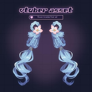 Puede incluir: Un par de extensiones de cabello trenzadas azules con flores rosas y detalles dorados. Las extensiones de cabello están diseñadas en un patrón ondulado. "Flower braided hair set" está escrito en un cuadro rosa sobre las extensiones de cabello.
