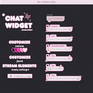 以下が含まれることがあります： ストリーミング用のピンクと白のチャットウィジェットデザイン。 「CHAT WIDGET」、「CUSTOMIZE colors」、「STREAM ELEMENTS」などのテキストが含まれています。 ビューアとモデレーターのメッセージを含むチャットボックスが含まれています。 デザインは暗い背景に設定されています。
