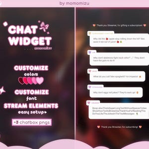 May include: Pink and purple digital chat widget design for streaming, featuring customizable colors and fonts. The design includes chat bubbles with humorous messages and a thank you message for subscribers.