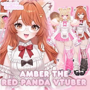Op de afbeelding: Illustratie van Amber de Rode Panda VTuber, een personage met rood haar, een bril en een rode strik. De afbeelding toont meerdere poses van het personage in een roze en witte outfit, met de tekst "Amber the Red Panda VTuber".