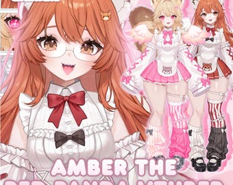 May include: Illustration of Amber the Red Panda VTuber, a character with red hair, glasses, and a red bow. The image features multiple poses of the character in a pink and white outfit, with the text "Amber the Red Panda VTuber".