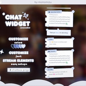 Könnte beinhalten: Ein digitales Grafikdesign für ein Chat-Widget mit dem Text "CHAT WIDGET" und Anpassungsoptionen für Farben und Schriftarten. Enthält Beispiel-Chat-Nachrichten in hellblauen Kästchen mit Text.