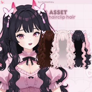 Può includere: Illustrazione in stile anime di una donna con capelli neri a coda di cavallo, fermagli per capelli a farfalla e corna rosa. L'immagine mostra varie opzioni di capelli con fermagli per capelli in marrone, rosa e nero con riflessi rosa. Il testo recita "ASSET hairclip hair".