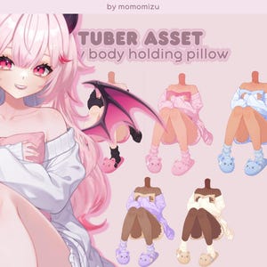 May include: Digital art featuring a pink-haired anime-style character and several headless figures. The figures are wearing various outfits, including a bat wing, a pink robe, and blue slippers. Text reads "TUBER ASSET / body holding pillow."
