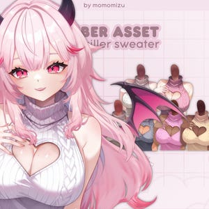 Könnte beinhalten: Digitale Illustration eines pinkhaarigen Anime-Charakters, der einen weißen Pullover mit herzförmigem Ausschnitt trägt. Das Bild zeigt auch Variationen des Pullovers in verschiedenen Farben. Der Text auf dem Bild lautet "BER ASSET killer sweater".