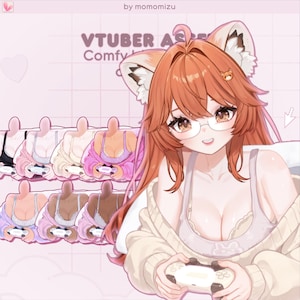 May include: An anime-style illustration of a character with orange hair, glasses, and fox ears, holding a game controller. The image includes headless figures wearing lingerie and holding controllers. Text at the top reads "VTUBER ASSE Comfy". The background is pink.