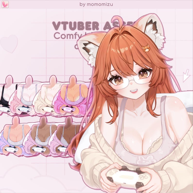 Pu&ograve; includere: Illustrazione in stile anime con un personaggio con capelli arancioni, occhiali e orecchie da volpe, che tiene in mano un controller di gioco. L'immagine include figure senza testa che indossano lingerie di diversi colori e tengono in mano controller. Il testo in alto recita "VTUBER ASSE Comfy".