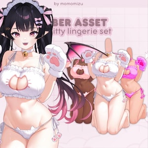 Può includere: Un'immagine a tema rosa con un "Cyber Asset Kitty Lingerie Set". Il set include lingerie bianca con guanti a zampa di gatto e perizoma abbinato. L'immagine mostra anche una figura simile a un orso marrone e un completo di lingerie rosa.