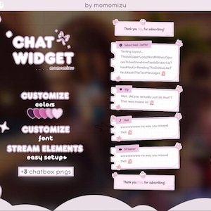 Könnte beinhalten: Ein rosa-weißes digitales Grafikdesign für ein Chat-Widget mit dem Text "CHAT WIDGET" und Anpassungsoptionen für Farben und Schriftarten. Enthält Beispiel-Chat-Blasen mit Text und die Worte "STREAM ELEMENTS easy setup".