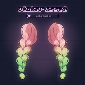 Könnte beinhalten: Ein Paar Ombre-Zöpfe in den Farben Pink, Grün und Gelb. Die Zöpfe sind in einem lockeren, fließenden Stil gestylt. Der Text "ombre braid set" wird über den Zöpfen angezeigt.