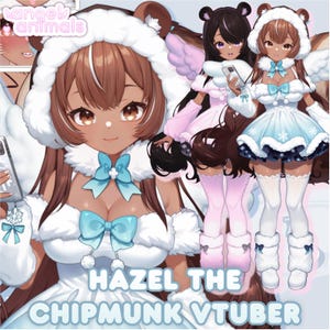 Peut inclure: Illustration numérique d'un personnage de dessin animé, Hazel the Chipmunk VTuber, dans une tenue sur le thème de l'hiver. Le personnage a les cheveux bruns, une robe blanche et bleue et un chapeau assorti. Le texte "HAZEL THE CHIPMUNK VTUBER" est inclus.