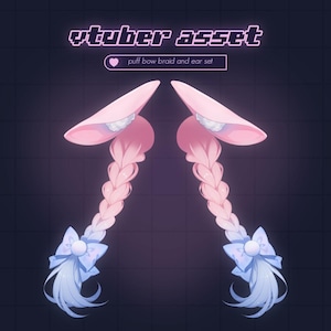 Könnte beinhalten: Ein Paar rosa geflochtene Zöpfe mit blauen Schleifen und rosa Hasenohr-Haarbändern. Der Text "vtuber asset" und "puff bow braid and ear set" ist im Bild sichtbar.