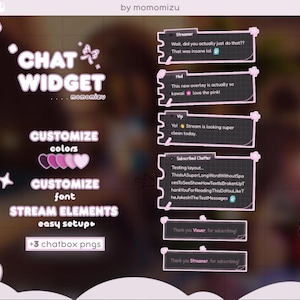 May include: Pink and white chat widget design for streaming, featuring customizable colors and fonts. Includes stream elements and easy setup with +3 chatbox pngs. Text includes "Chat Widget", "Customize Colors", and example chat messages.