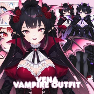 Könnte beinhalten: Digitale Illustration eines Outfits zum Thema Vampir. Die Figur hat schwarzes Haar, rote Augen und trägt ein schwarz-rotes Kleid mit Fledermausflügeln. Der Text "VENA VAMPIRE OUTFIT" befindet sich unten.