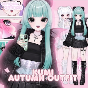 Può includere: Un'illustrazione digitale di un personaggio intitolata KUMI AUTUMN OUTFIT che mostra una figura con capelli verde menta, ali di pipistrello nere e un outfit nero con stampa di gabbia toracica. Il personaggio indossa una collana a croce e un telefono.