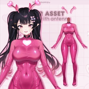 May include: A digital illustration of a character wearing a pink bodysuit with a heart-shaped design on the chest. The character has black hair, pink eyes, and heart-shaped antennae. The image also includes a full-body outline of the bodysuit.