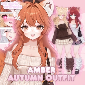 May include: Digital character illustration titled AMBER AUTUMN OUTFIT featuring an anime-style figure with orange hair, animal ears, and glasses, wearing a cream cable-knit sweater. Additional character variations in brown and white outfits are shown.
