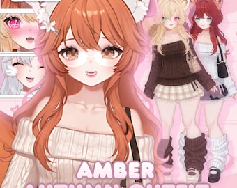 May include: Digital character illustration titled AMBER AUTUMN OUTFIT featuring an anime-style figure with orange hair, animal ears, and glasses, wearing a cream cable-knit sweater. Additional character variations in brown and white outfits are shown.