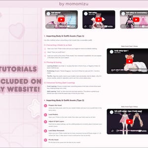 May include: A digital tutorial guide by momomizu featuring text instructions for importing body and outfit assets for VTuber models, including numbered steps for converting models to items, pinning, scaling, and sorting, with embedded YouTube video links.