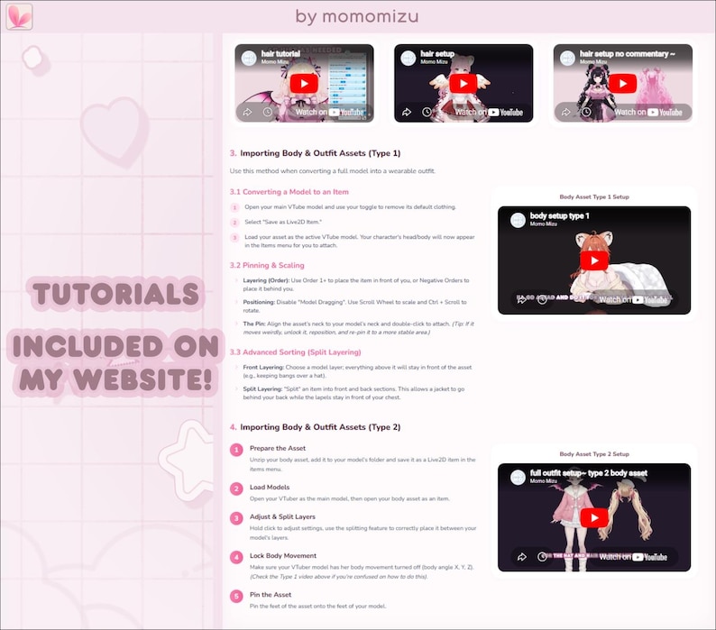 May include: A digital tutorial guide by momomizu featuring text instructions for importing body and outfit assets for VTuber models, including numbered steps for converting models to items, pinning, scaling, and sorting, with embedded YouTube video links.