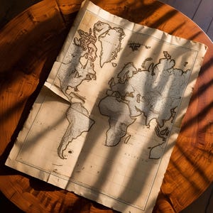 以下が含まれることがあります： グリッドパターンが印刷された紙に印刷されたヴィンテージの世界地図。地図は折り畳まれており、薄い茶色をしています。地図は木製の表面にあります。