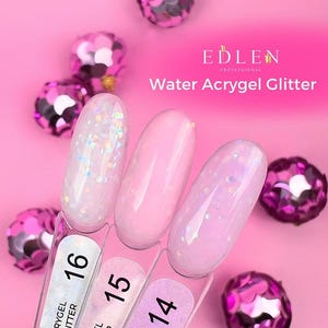 May include: The image features three nail polish swatches in pink and white shades with glitter, numbered 14, 15, and 16. Decorative pink spheres are scattered around. The text reads "EDLEN Professional Water Acrygel Glitter" against a pink backdrop.