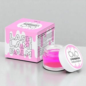 May include: A pink box and a small glass jar of lash balm. The box reads "LASH LAMI BALM" in white text. The jar contains a bright pink substance, and the lid reads "LASH&BROW notjustaglue".