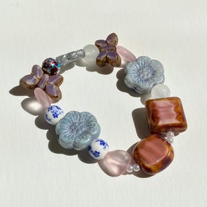 Czech Beaded Bracelet | One of a Kind Handmade Glass Flower Charm Bracelet | Pastel Jewelry Gift