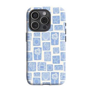 Vintage Seashell Ocean Blue West Coast Collage Phone Case for Girl Women Boy Men, iPhone 16 15 14 13 12 Pro Max, Samsung Galaxy S25 S24 S23