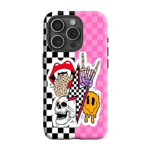 Pink Y2K Sticker Collage Phone Case – Rockcore Leopard Tongue Skull Lightning iPhone Cover – Emo Punk Aesthetic Alt Girl Case