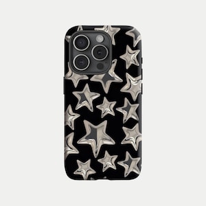 SILVER STAR CASE | Y2K Black Star Tough Phone Case, Sparkly Silver Aesthetic Cover for iPhone 16 15 14 13 12 11 Pro Max, Samsung S25 S24 S23