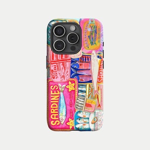 Retro roze patchwork sardines zomer visliefhebber cadeau telefoonhoesje voor iPhone 16, 15, 14, 13, 12, 11 en Samsung Galaxy S25, S24, S23, S22
