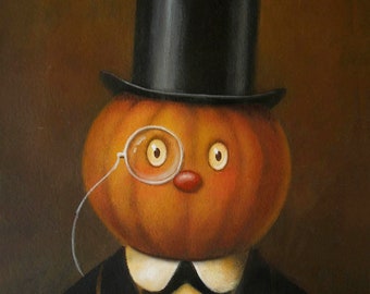 Halloween Pumpkin Man Print - Jack O Lantern Print- Halloween Art - Gothic - Victorian -  Pumpkin Head