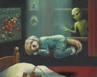 Humorous and UFO Dog Abducted by Aliens Print - Dog in Pajamas Sleeping with Alien in Window