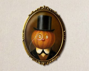 Halloween Brooch - Pumpkin Brooch - Halloween Jack-O-Lantern - Gothic - Gentleman Pumpkin Man - Oval