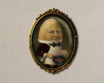 Egg Headed Man in Suit Portrait Oval Brooch Reminiscent of Humpty Dumpty