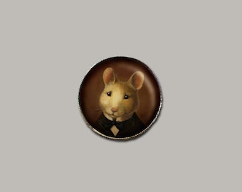 Mouse Pin - Mouse Portrait Brooch - Round - Victorian Animal - Anthropomorphic - White Mice - Field Mouse - Lapel Pin