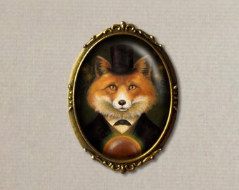 Victorian Fox Brooch, Gothic Oval Fox Portrait Brooch in Gold Tone Filigree Setting. 1.75" High with Top Hat and Crystal Ball