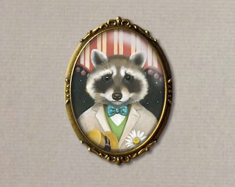 Raccoon Brooch, Raccoon Dandy Pin, Valentine's Day, Romantic Print, Girlfriend Gift, Gift for Her, Animal Print, Anthropomorphic