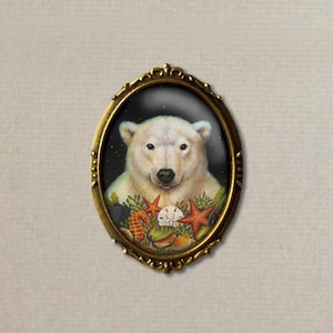 Polar Bear Brooch, Christmas Bear Pin, Sea Bear, Arctic, Seashells, Stocking Stuffer - Secret Santa Gift - Teacher&#39;s Gift
