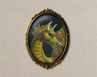 Dragon Brooch, Dragon Portrait Pin, Oval, Lapel Pin, Green Dragon