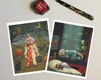 Jeu de cartes d'Halloween pour chiens, ensemble de 6 cartes blanches, OVNI, chien effrayant, humoristique, effrayant, chiens en costume, enlèvement étranger,