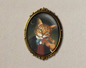 Cat and Fiddle Brooch, Cat Pin, Cat Portrait ,  Animal Portrait, Pet Portrait, Cat Lover's Gift, Cat Owner, Nursery Rhyme, Hey Diddle Diddle