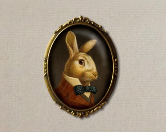 Victorian White Rabbit with Pocket Watch Oval Portrait Brooch from Alice in Wonderland